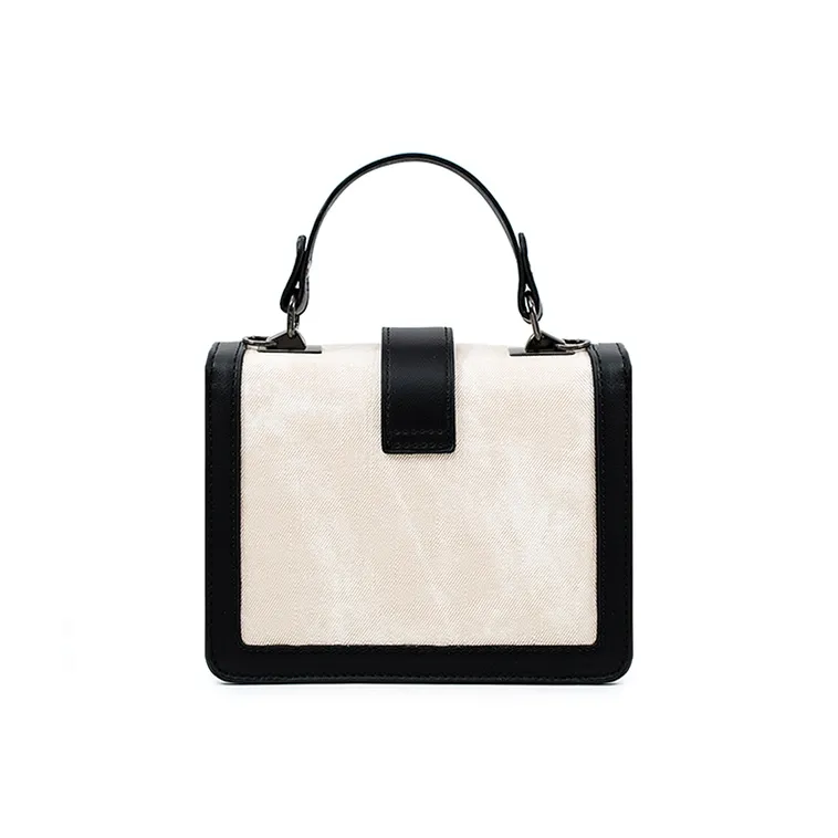 Vigno Synthetic Leather Small Square Bag, Shoulder Bag, Crossbody Bag, Handbag Women's Ecru/Black-5