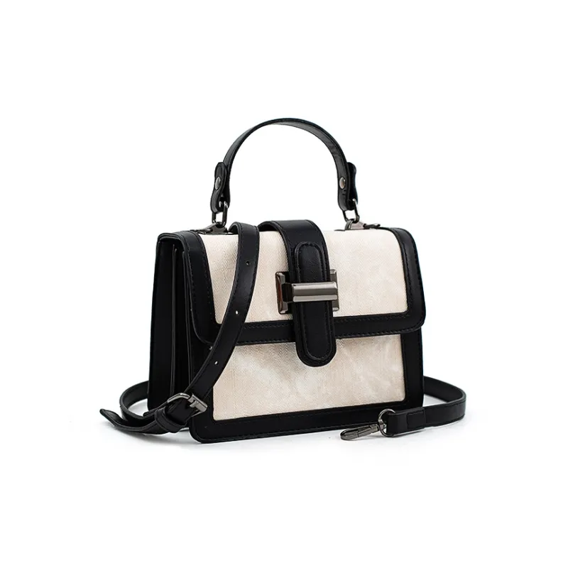 Vigno Synthetic Leather Small Square Bag, Shoulder Bag, Crossbody Bag, Handbag Women's Ecru/Black-2