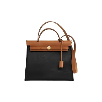 HERMES Herbag Zip H Plume Canvas With Hunter Cow Leather Handbag, Shoulder Bag, Crossbody Bag Women's Black & Natural