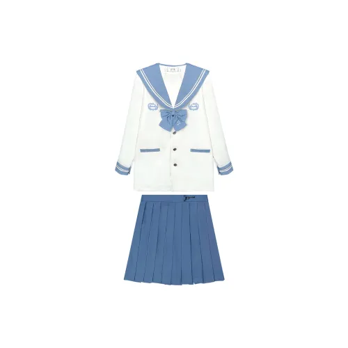 SHENBEI JK Uniforms Women's Puff Bunny Long-Sleeved Sailor Top+Blue Short Skirts+Bow Tie