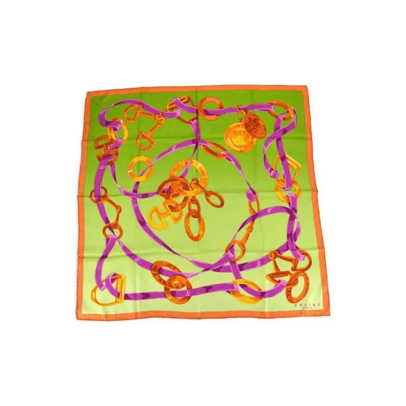 CELINE Silk Silk Scarves Women's Bright Green/Orange/Purple-0