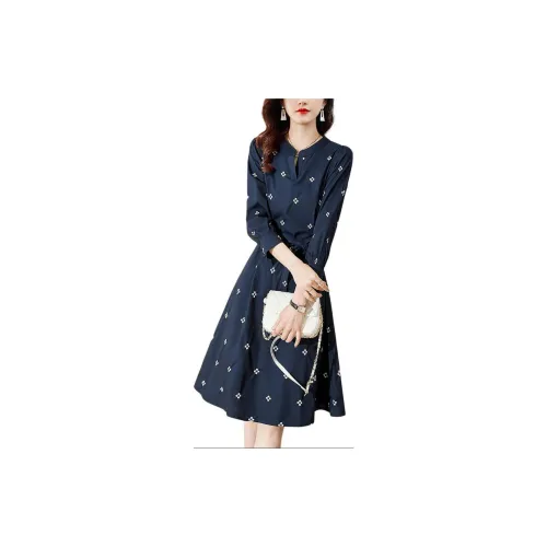 Mo Han Yi Mei Long-Sleeved Dresses Women's Navy Blue