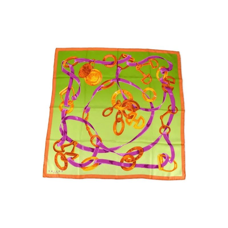 CELINE Silk Silk Scarves Women's Bright Green/Orange/Purple-1