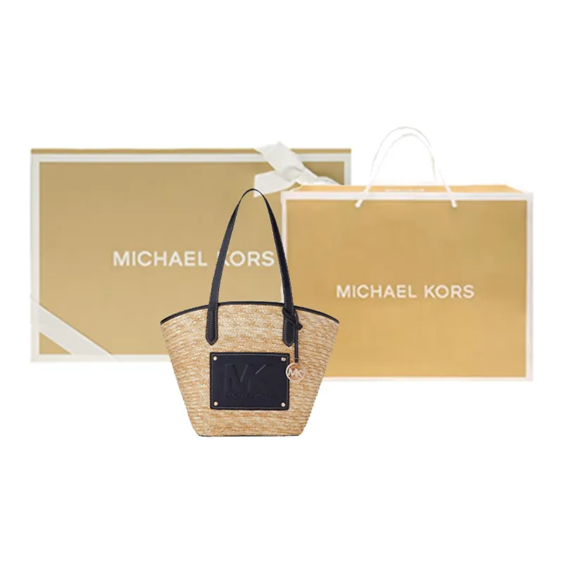 MICHAEL KORS Kimberly Artificial Leather Tote Bag, Shopping Bag, Shoulder Bag Large Size Women's Straw & Black-4