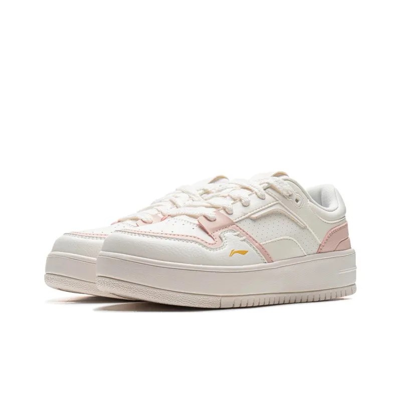 LiNing Cheese Anti Slip Wear Resistant Breathable Height Increasing Low Top Skateboard Shoes Women's White Pink-2