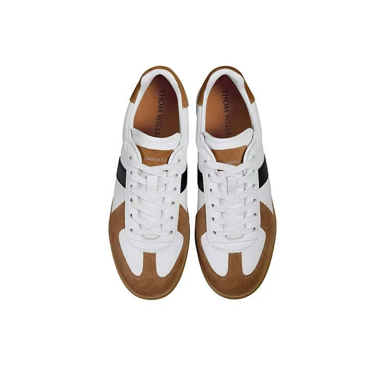 THOM WILLS Vintage Trendy Versatile German Army Trainers Low Top Skateboard Shoes Men's Light Brown White-2