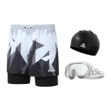 Black and White Swim Trunks+White Swim Goggles+Swimming Cap