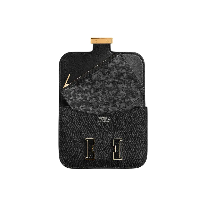 HERMES Constance Slim Epsom Calfskin Brushed Nile Lizard Skin Wallet Women's 89 Noir Black-2