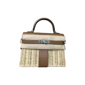 HERMES Mini Kelly Saddle Leather With Osier Wicker Accents Kelly Bag Picnic Bag Handbag Women's Beige