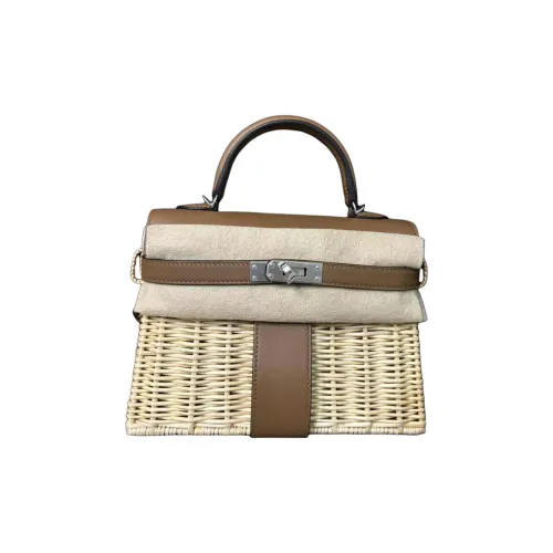 HERMES Mini Kelly Saddle Leather With Osier Wicker Accents Kelly Bag Picnic Bag Handbag Women's Beige