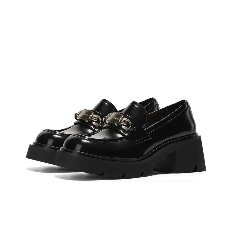 GG CC Preppy Style Kids' Leather Shoes Platform Loafers 6.5cm Women's Black-2
