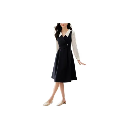 Mo Han Yi Mei Long-Sleeved Dresses Women's Navy Blue/Off White