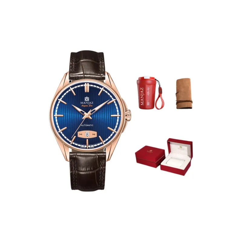 MANJAZ Automatic Mechanical Movement Leather Watch Bands Watch Men's Watches Blue Dial-0