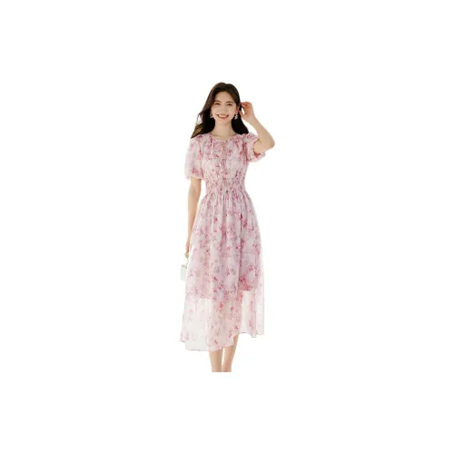 Hopeshow Short-Sleeved Dresses Women's Pink Floral 607