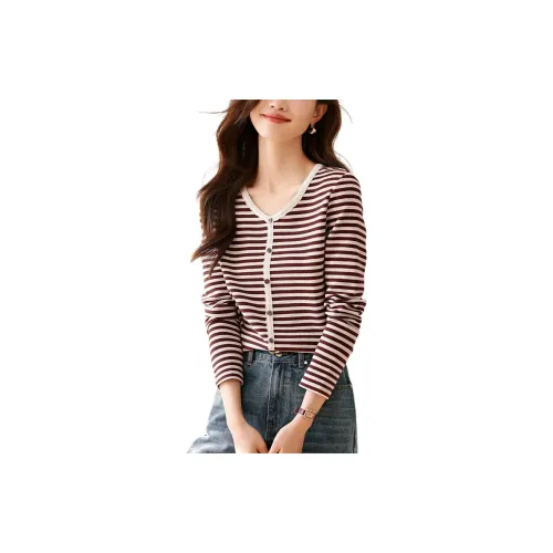 Mo Han Yi Mei T-Shirts Women's Red Coffee Stripe