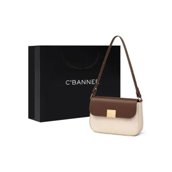 C°BANNER Cow Leather With Synthetic Leather Small Square Bag, Shoulder Bag, Handbag Regular Women's Ecru & Coffee