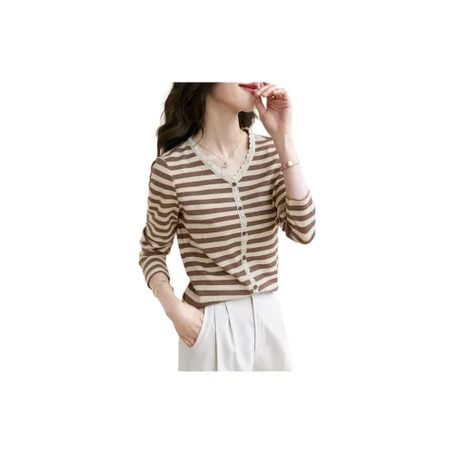 Mo Han Yi Mei T-Shirts Women's Light Coffee Stripes