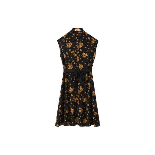 H-YXIANG Sleeveless Dresses Women's Black Background With Yellow Flowers