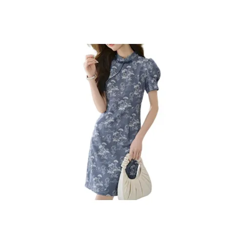 Mo Han Yi Mei Short-Sleeved Dresses Women's Blue Background With White Flowers