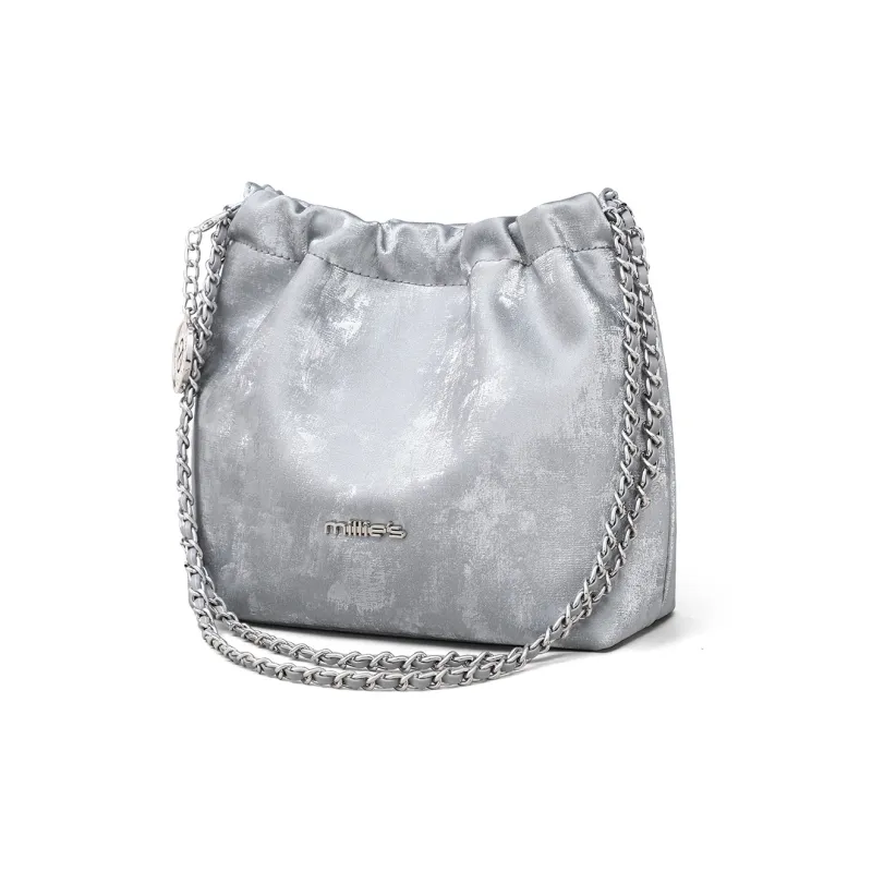 MILLIE'S Cow Leather With Synthetic Leather Shoulder Bag Medium Size Women's White/Silver-3