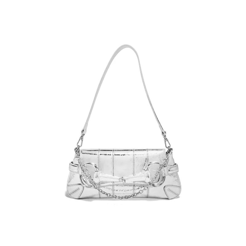 FOXER Cow Leather With Synthetic Leather Shoulder Bag Women's Silver-1