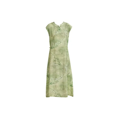 Emodues Sleeveless Dresses Women's Green Orchid Plant