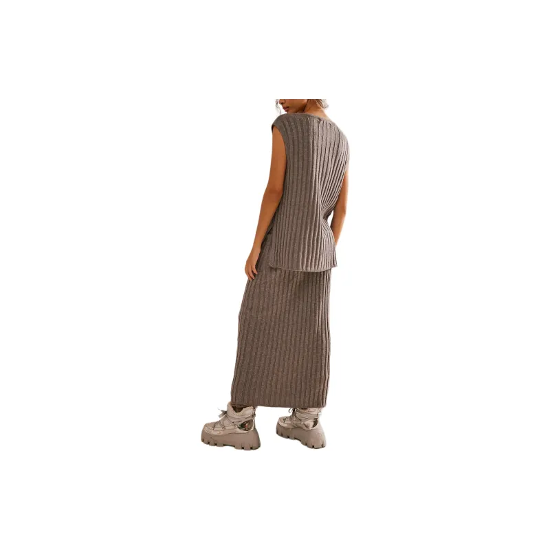 FREE PEOPLE Veda Sweater Set Skirt Set Women's Gravel/Stone Color-1