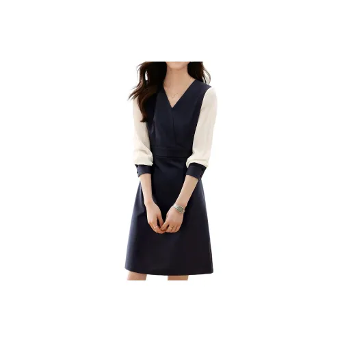 Mo Han Yi Mei Long-Sleeved Dresses Women's Navy Blue/Off White