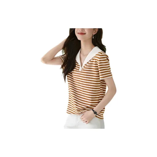 Mo Han Yi Mei T-Shirts Women's Saffron Apricot White Stripe