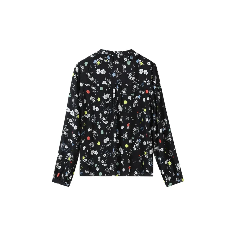H-YXIANG Shirt Women's Black Background With Small Multicolor Flowers-1