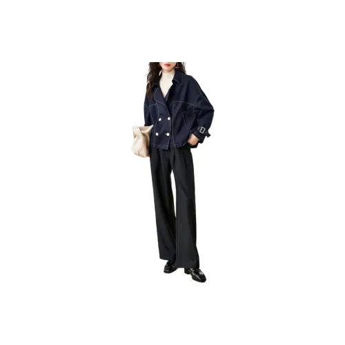 Mo Han Yi Mei Trench Coats Women's Navy Blue