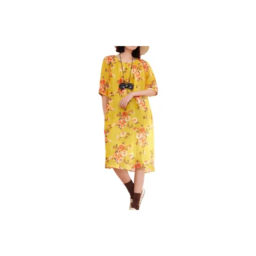 PUKKA Short-Sleeved Dresses Women's Yellow Background Print