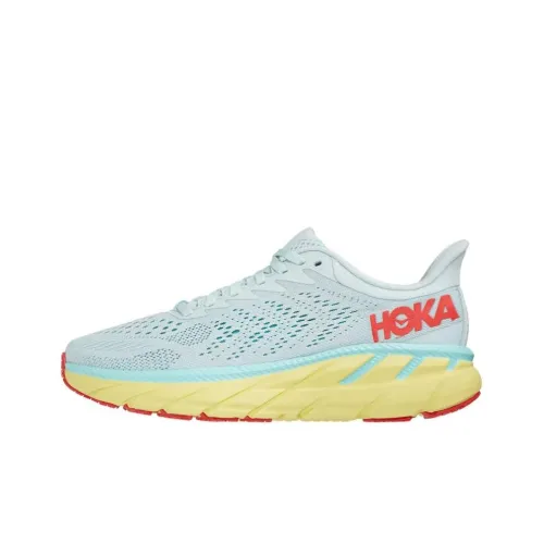 HOKA ONE ONE Clifton 7 Running Shoes Women's Low-Top Misty Blue/Coral Yellow/Coral Red