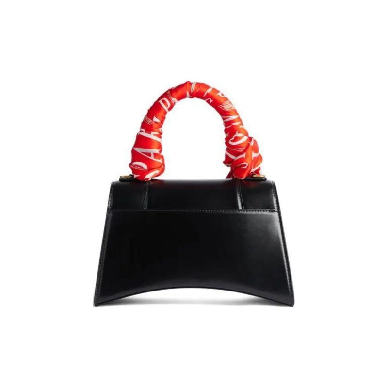 Balenciaga Hourglass Calfskin With Silk Shoulder Bag Crossbody Bag Handbag Small Size Women's Red & Black-4