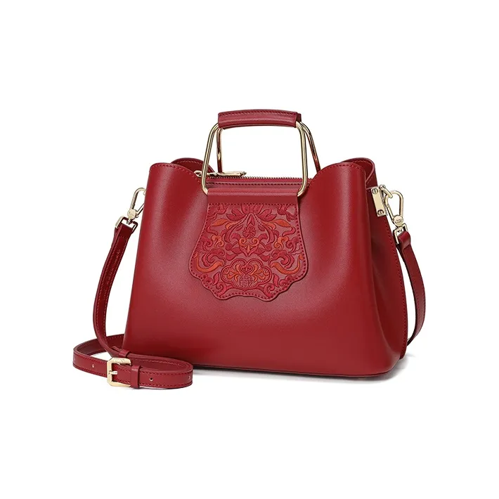 Ancient Yi Xi Cow Leather Shoulder Bag, Crossbody Bag, Handbag Women's Red Peony-1