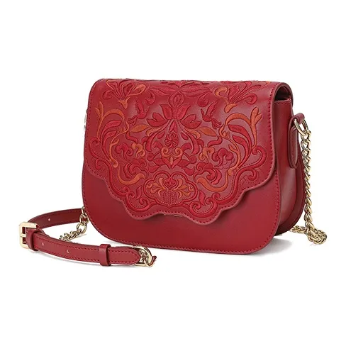 Ancient Yi Xi Cow Leather Cheongsam Chain Bag Crossbody Bag, Shoulder Bag Trumpets Women's Red Peony-1