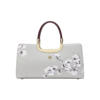 Ancient Yi Xi Cow Leather Commute Handbag Women's Light Gray
