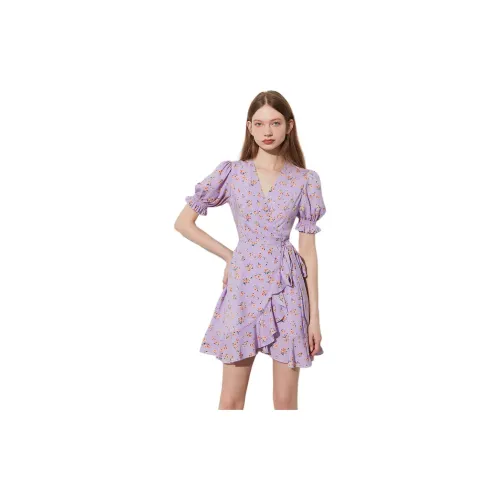 DPLAY Short-Sleeved Dresses Women's Purple Floral Pattern