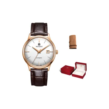 MANJAZ Automatic Mechanical Movement Genuine Leather Strap Watch Men's Watches White Dial