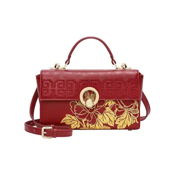 Ancient Yi Xi Cow Leather Niche Embroidery One Shoulder Handbag Women's Rouge Red