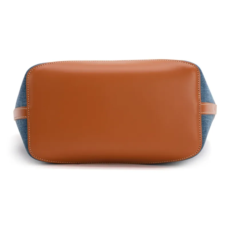 Clos Top Grain Cow Leather Patchwork Denim Color Blocking Commute Tote Shoulder Handbag Small Size Unisex Denim Blue-3