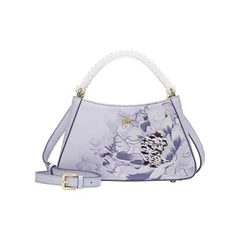 Ancient Yi Xi Cow Leather Niche Print Cheongsam Handbag, Shoulder Bag, Crossbody Bag Women's Hyacinth Purple
