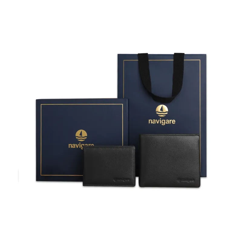 NAVIGARE Top Grain Cow Leather Wallet With Money Clip And Leather Clip Unisex Black-17