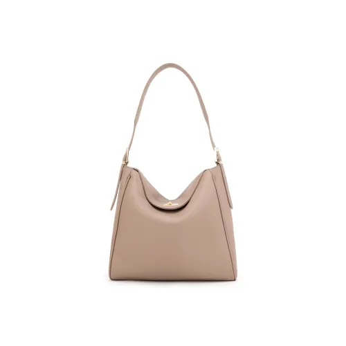 ELLE Top Grain Cow Leather Shoulder Bag Large Size Women's Light Gray/Black