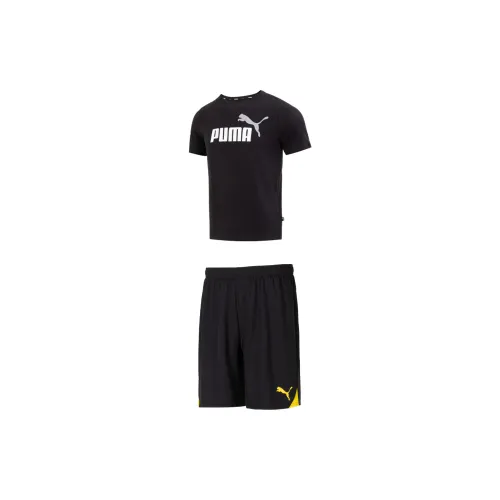 PUMA Casual Sportswear Men Set Black Tops+Black/Yellow Shorts