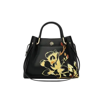 Ancient Yi Xi Cow Leather Vintage Print One Shoulder Grandma Handbag Women's Black