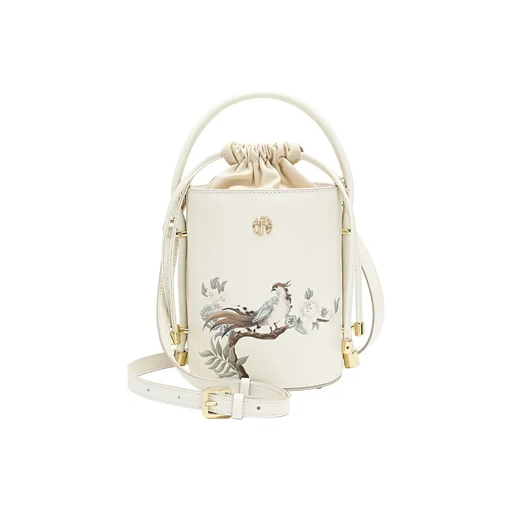 Ancient Yi Xi Cow Leather Drawstring Design Closure, Handbag, Crossbody Bag, Shoulder Bag Women's Tea Moon White-0