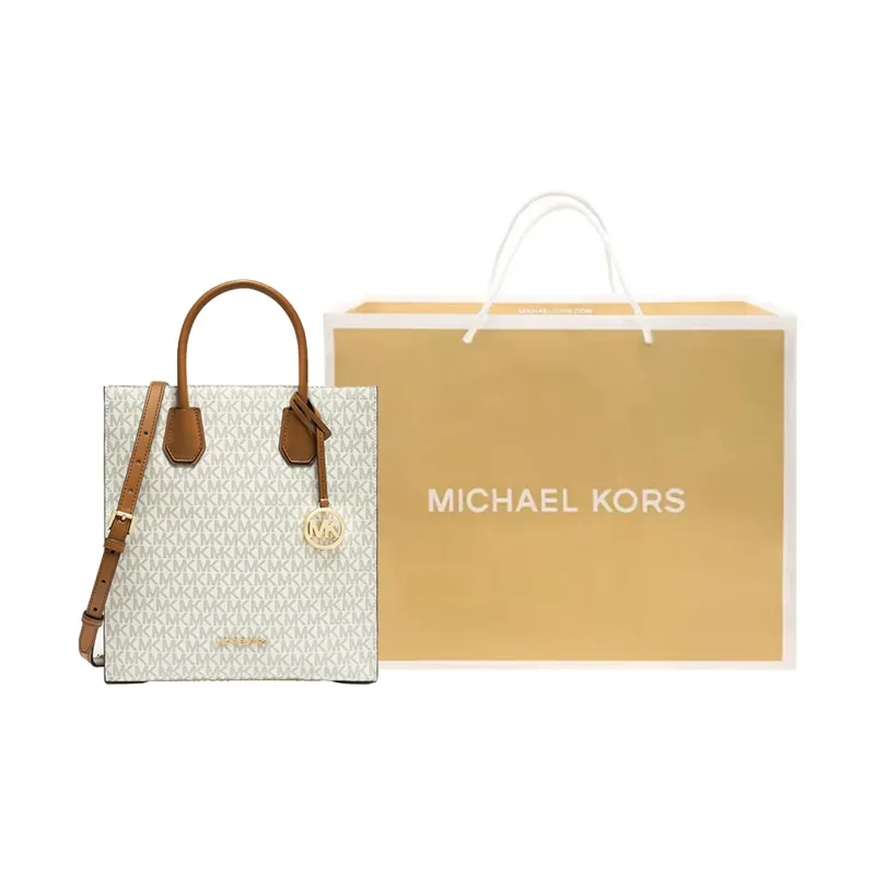 MICHAEL KORS Mercer Leather Tote Bag Shopping Bag Handbag Shoulder Bag Medium Size Women's Vanilla White & Brown-0