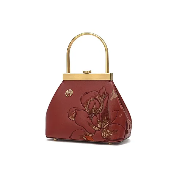 Ancient Yi Xi Cow Leather Floral Embroidered Cheongsam Handbag Small Size Women's Maroon-1