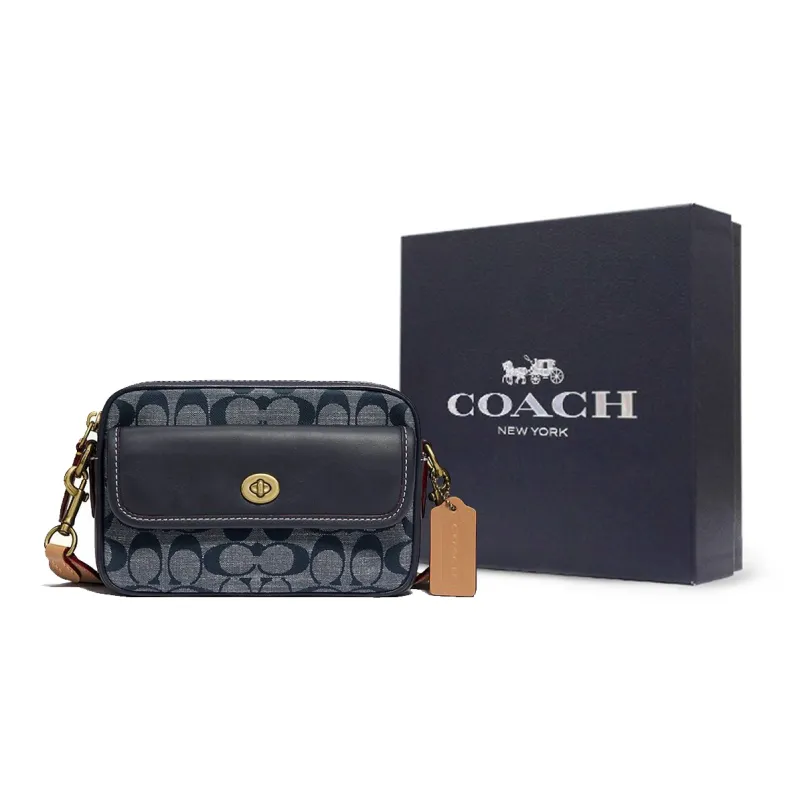 COACH Canvas With Leather Camera Bag, Small Square Bag, Crossbody Bag, Waist Bag, Shoulder Bag Women's Marine Blue-8
